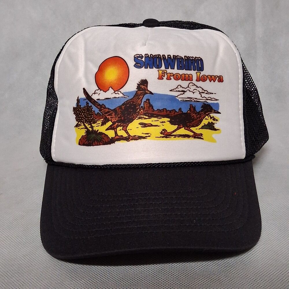 Vintage 90's Nissin Snapback Truckers Hat Snowbird From Iowa White Black Mesh